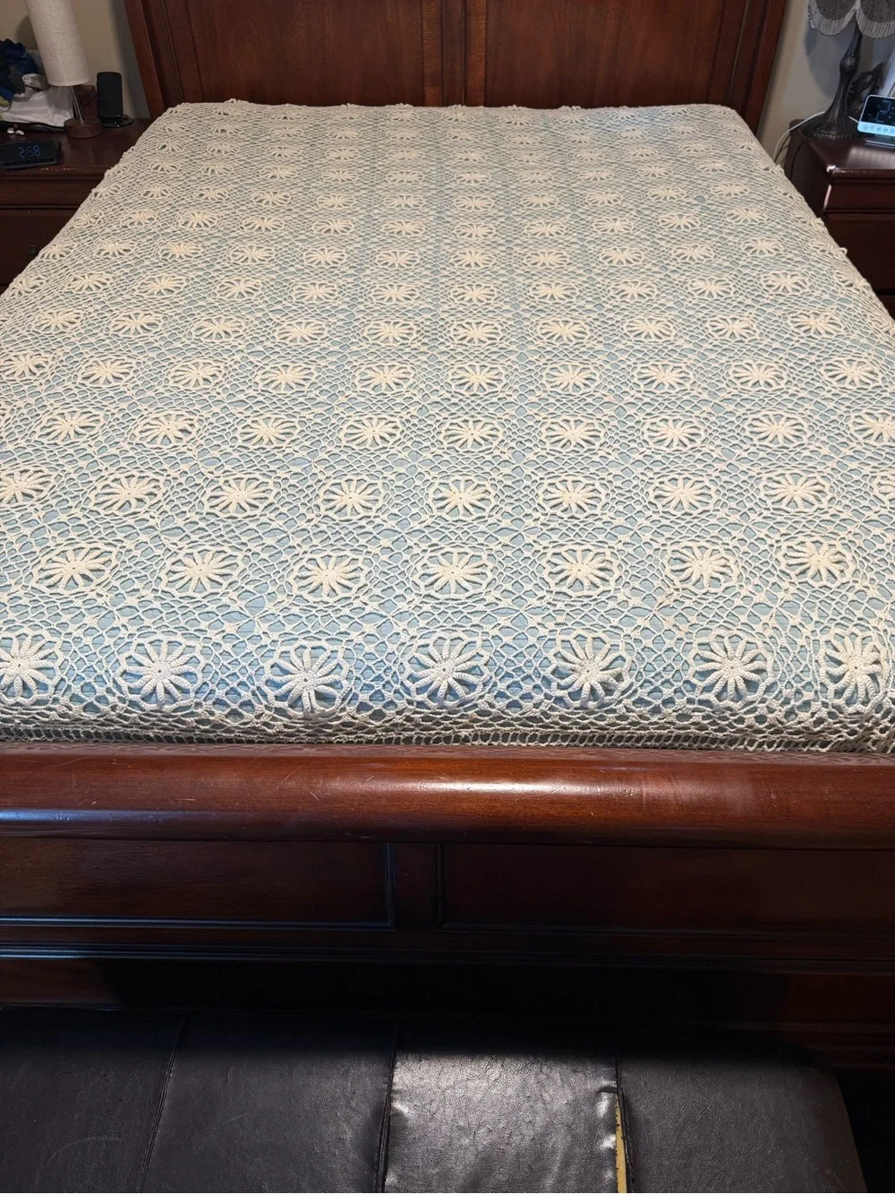 Handmade Crochet Bedspread in Cream and Light Blue